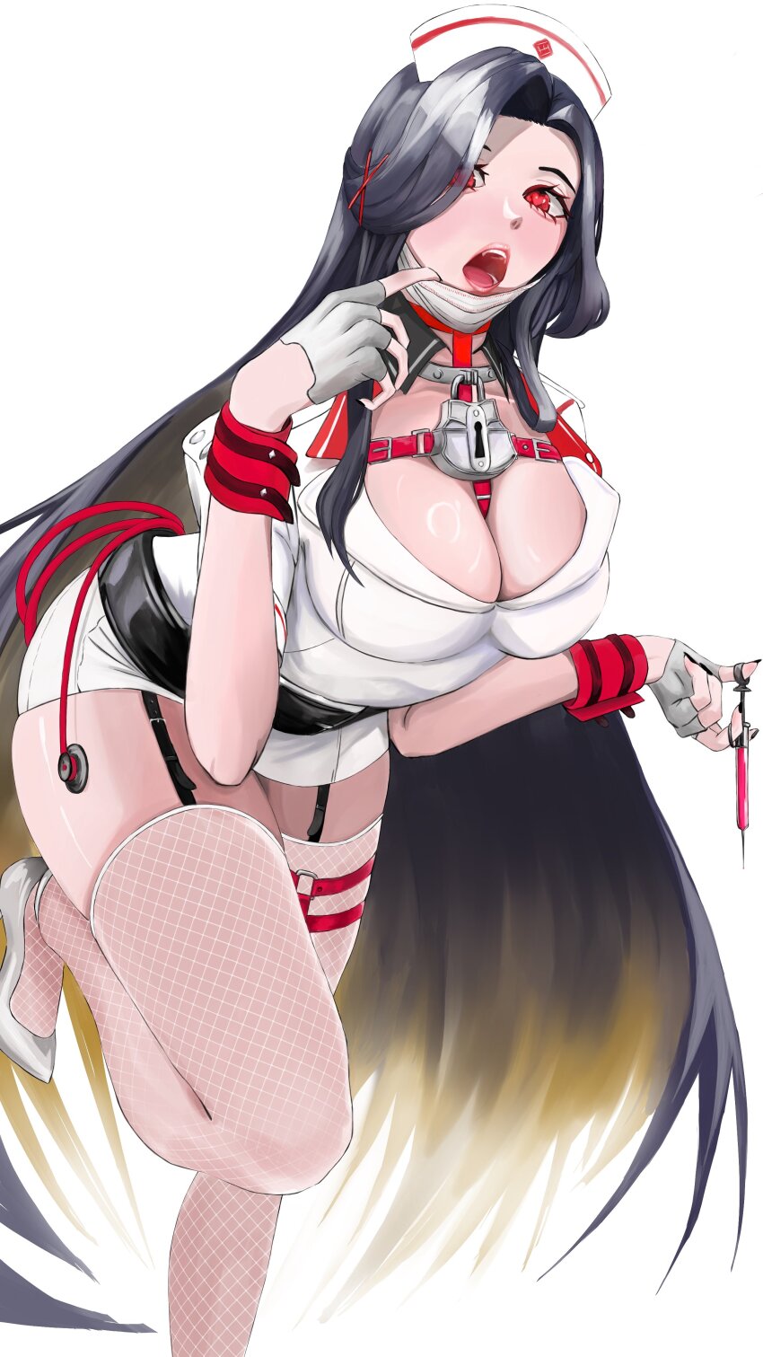 1girl, absurdres, belt, black_belt, black_hair, blonde_hair, blush, breasts