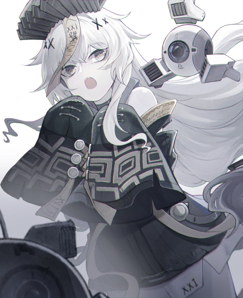 1girl, black_dress, black_headwear, cowboy_shot, dress, drone, dutch_angle, floating