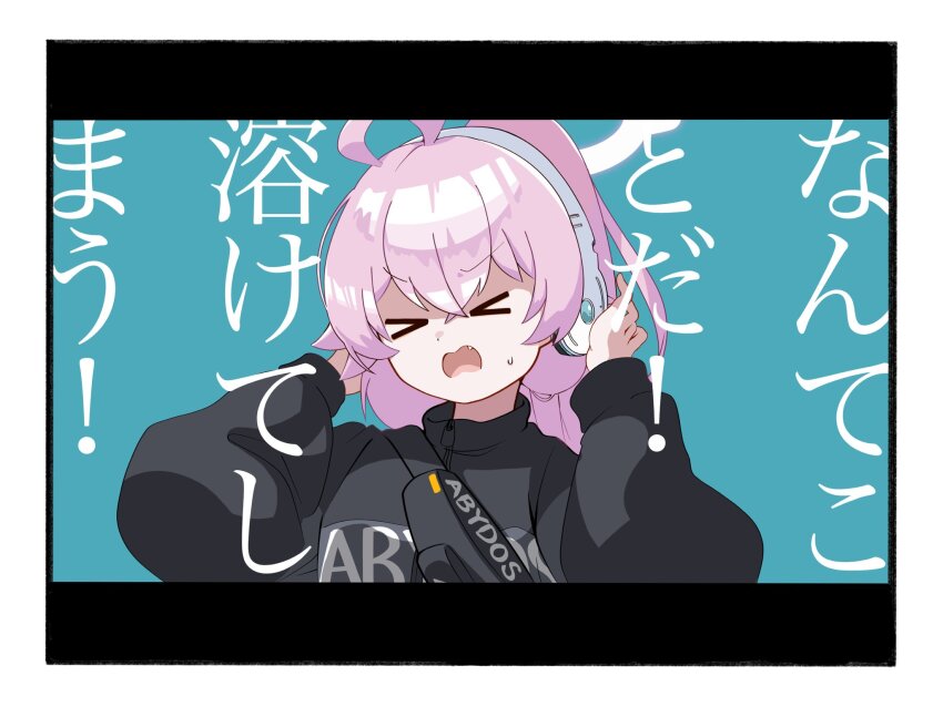>_<, 1girl, ahoge, black_border, black_jacket, blue_archive, border, fang
