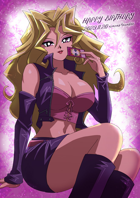 1girl, artist_name, bare_legs, blonde_hair, breasts, card, cleavage, corset, crop_top, dated, detached_sleeves, hair_between_eyes, happy_birthday, holding, holding_card, jacket, kujaku_mai, large_breasts, long_hair, looking_at_viewer, midriff, nanano_thunder, navel, open_clothes, open_jacket, parted_lips, pencil_skirt, pink_corset, purple_jacket, sitting, skirt, solo, yu-gi-oh!, yu-gi-oh!_duel_monsters