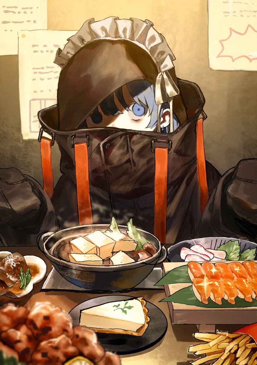 1girl, black_coat, blue_eyes, blue_hair, bowl, cheesecake, chicken_(food), coat