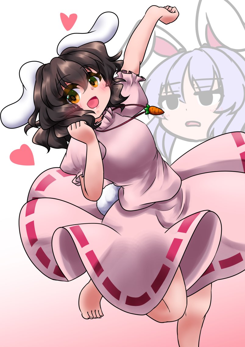 2girls, animal_ears, arm_up, bare_legs, barefoot, black_hair, brown_eyes, commentary_request