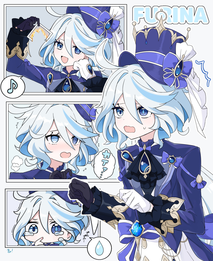 1girl, :d, @_@, ahoge, asymmetrical_gloves, black_gloves, blue_bow, blue_eyes