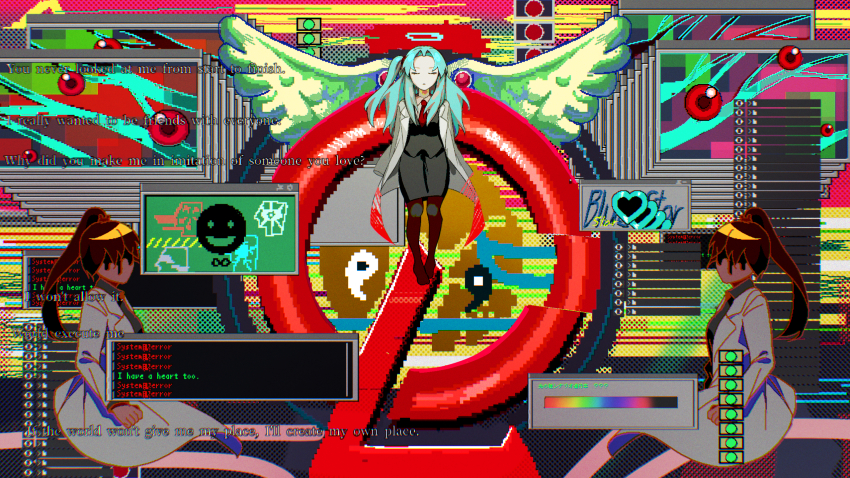 blue_hair, brown_hair, faceless, faceless_female, glitch, halo, heart, highres, lab_coat, library_of_ruina, limbus_company, lobotomy_corporation, na-gyou_(nunumaru), project_moon, tagme, yang_(abnormality)_(project_moon), yin_(project_moon)
