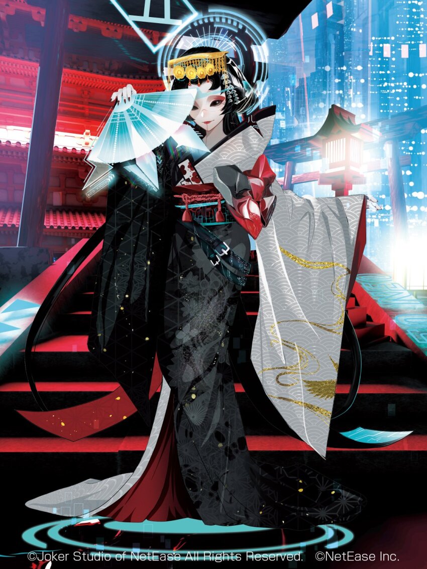 1girl, android, animal_print, architecture, asa_no_ha_(pattern), belt_buckle, bird_print, black_eyes, black_hair, black_kimono, buckle, building, concealed_weapon, copyright_notice, east_asian_architecture, egasumi, eyeshadow, fingernails, floral_print, folding_fan, hair_ornament, halo, hanafuda, hand_fan, highres, holding, holding_fan, hologram, holographic_interface, identity_v, japanese_clothes, kanzashi, kikumon, kimono, lantern, lipstick, long_hair, long_sleeves, makeup, michiko_(identity_v), nail_polish, nihongami, obi, official_art, pale_skin, red_eyeshadow, red_lips, red_nails, red_sash, ripples, sash, science_fiction, seigaiha, sharp_fingernails, skyscraper, solid_eyes, solo, stairs, standing, tassel, torii, two-tone_kimono, weapon, white_kimono, wooden_lantern, yamashita_riri