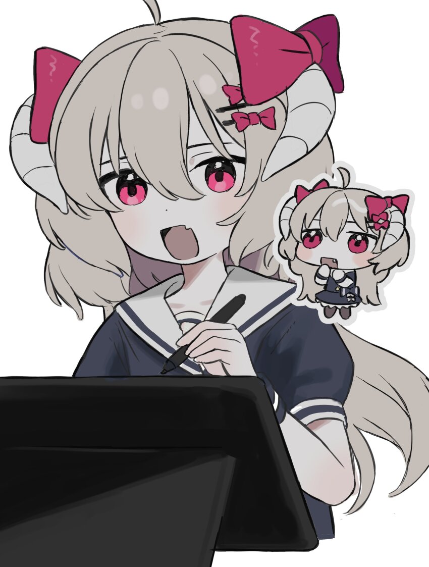 1girl, :d, absurdres, blonde_hair, bow, chibi, chibi_inset, drawing_tablet