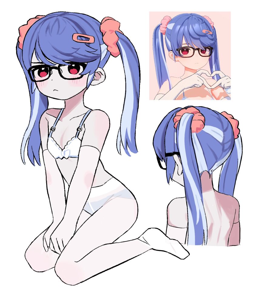 1girl, :<, black-framed_eyewear, blue_hair, blue_panties, blush, bra, commentary_request