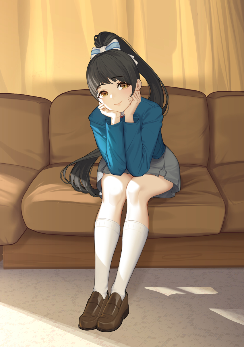 absurdres, black_hair, brown_hair, closed_mouth, commentary_request, couch, finaru-dorim, full_body