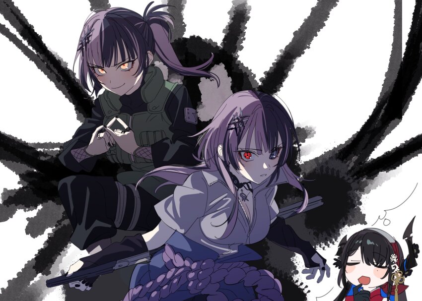 2girls, asymmetrical_horns, black_gloves, black_hair, black_nails, breasts, chokutou, cleavage