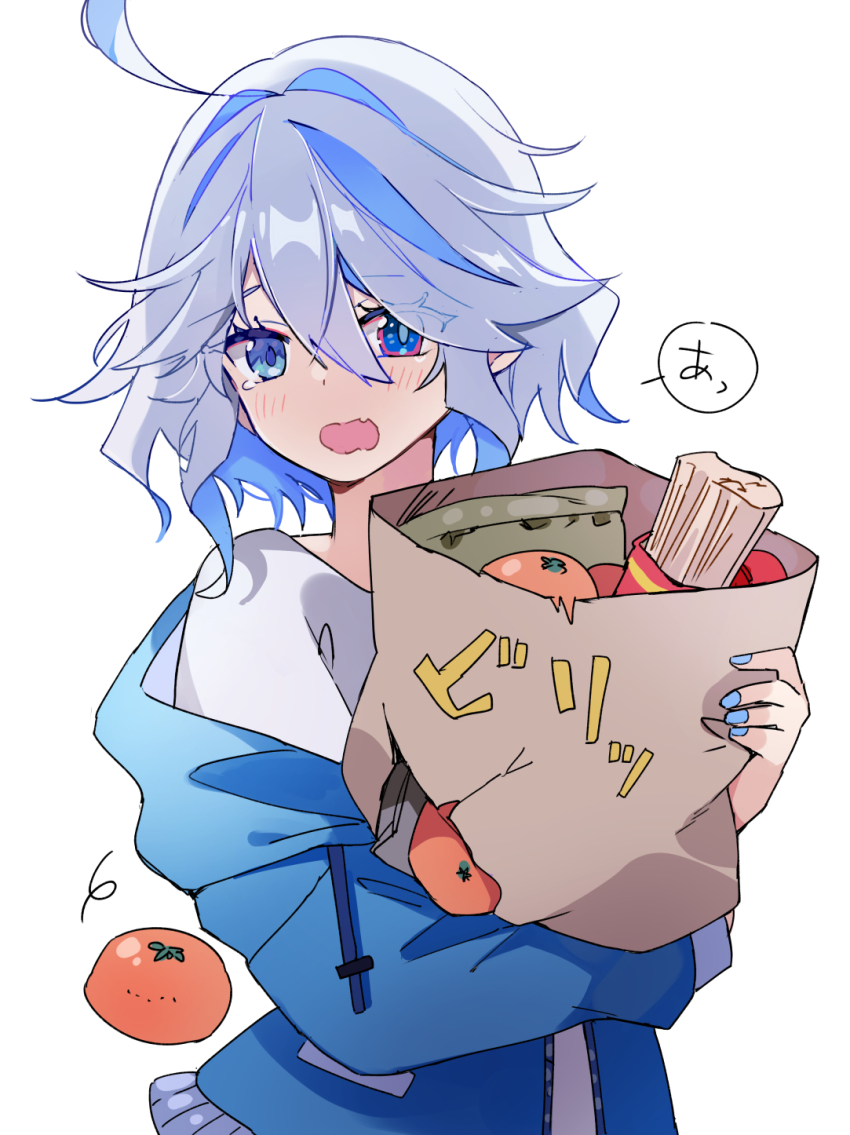 1girl, alternate_costume, bag, blue_eyes, blue_hair, blue_hoodie, blue_nails, blush