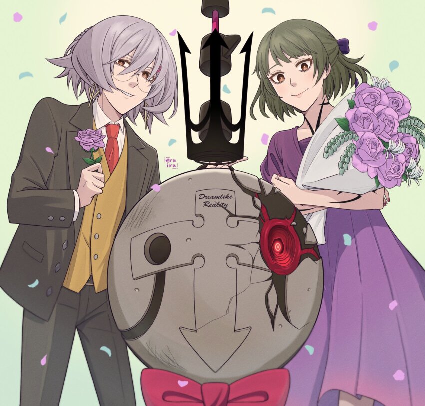 1boy, 1girl, aquam0n1ca, arm_tattoo, bedman, bedman?, bouquet, crack, crown, delilah_(guilty_gear), dress, earrings, flower, green_hair, grey_hair, guilty_gear, guilty_gear_strive, guilty_gear_strive_x_tower_records, guilty_gear_xrd, highres, holding, holding_bouquet, jewelry, long_sleeves, looking_at_viewer, medium_hair, necktie, non-humanoid_robot, official_alternate_costume, orange_eyes, petals, pink_flower, pink_rose, purple_dress, red_necktie, rimless_eyewear, robot, rose, round_eyewear, smile, tattoo