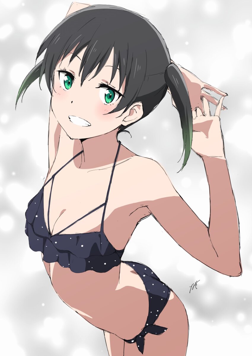 1girl, bikini, black_bikini, black_hair, breasts, cleavage, collarbone, gradient_hair