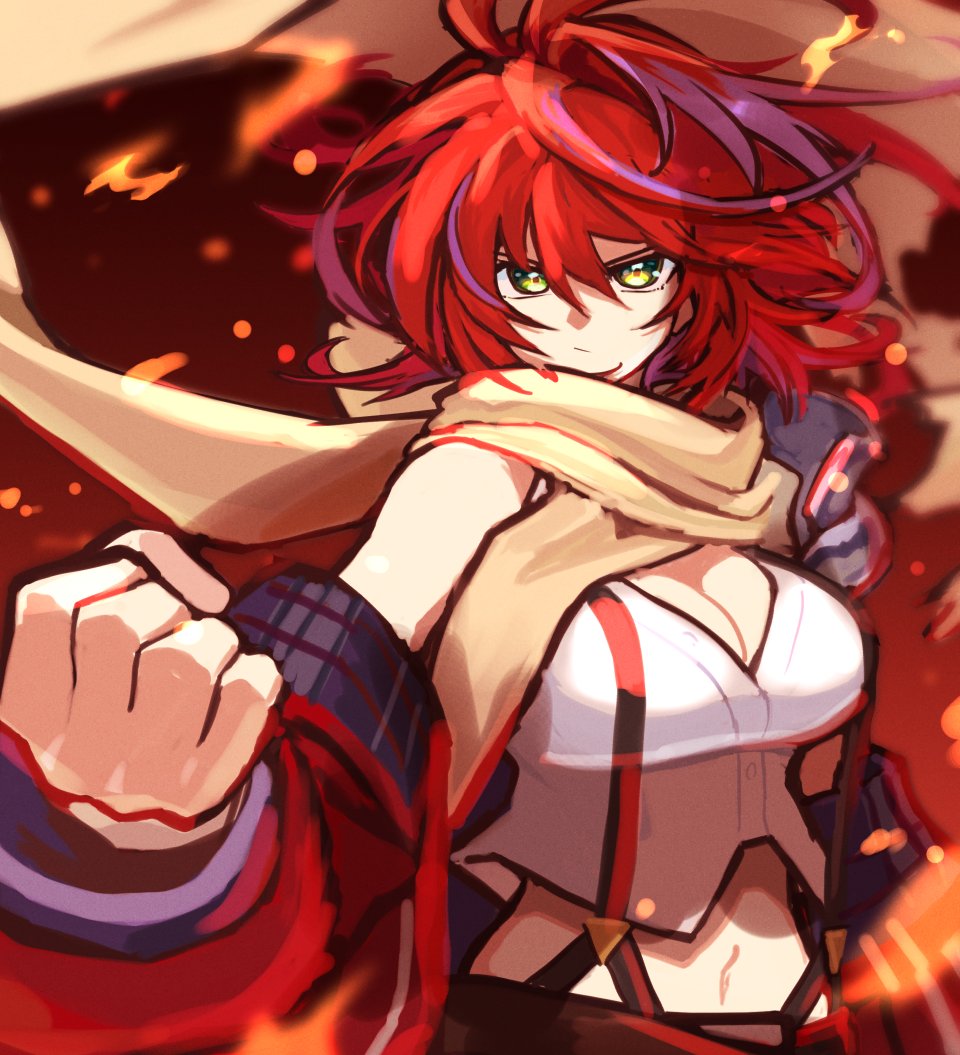 1girl, akane_canna, akane_canna_(1st_costume), antenna_hair, armor, breasts, cleavage, clenched_hand