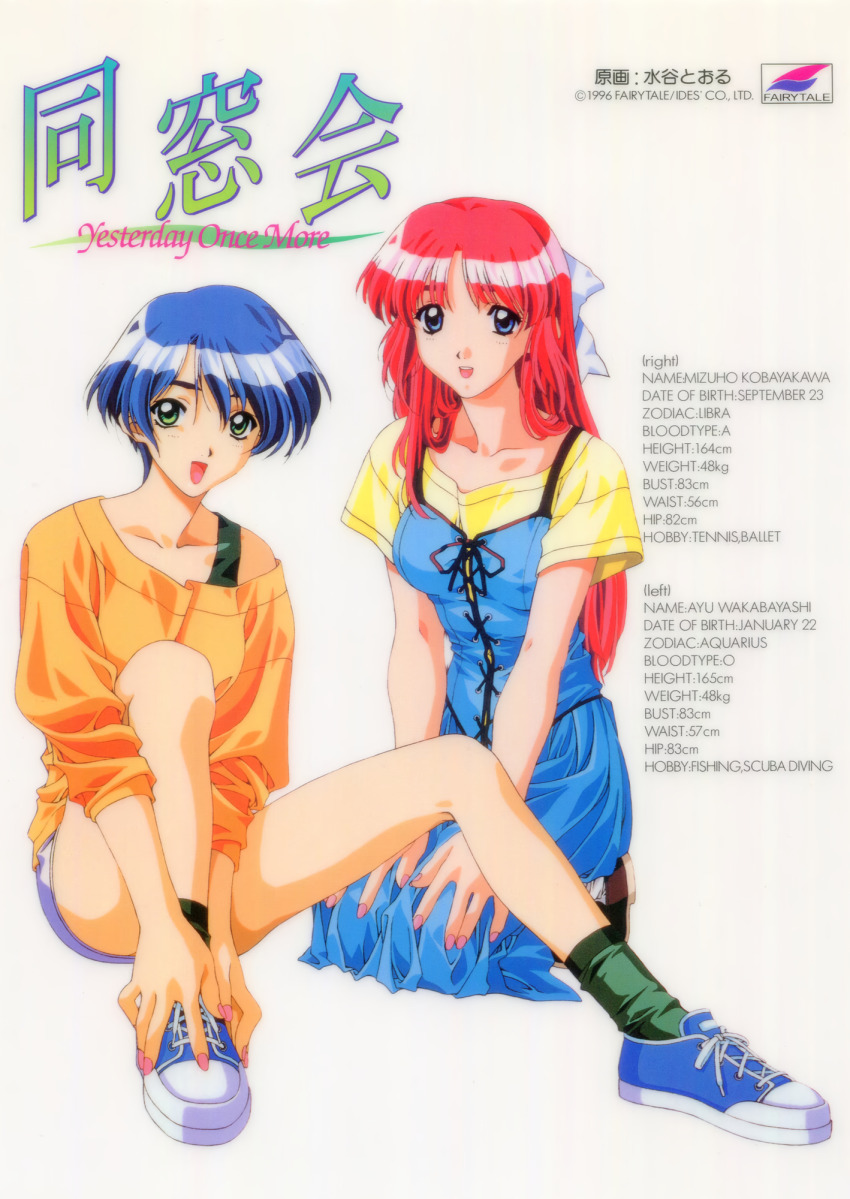 1990s_(style), 2girls, blood_type, blue_dress, blue_eyes, blue_hair, character_name, character_profile
