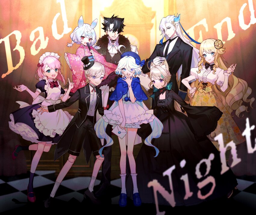 3boys, 5girls, ahoge, animal_ear_fluff, animal_ears, apron, bad_end_night_(vocaloid), black_dress