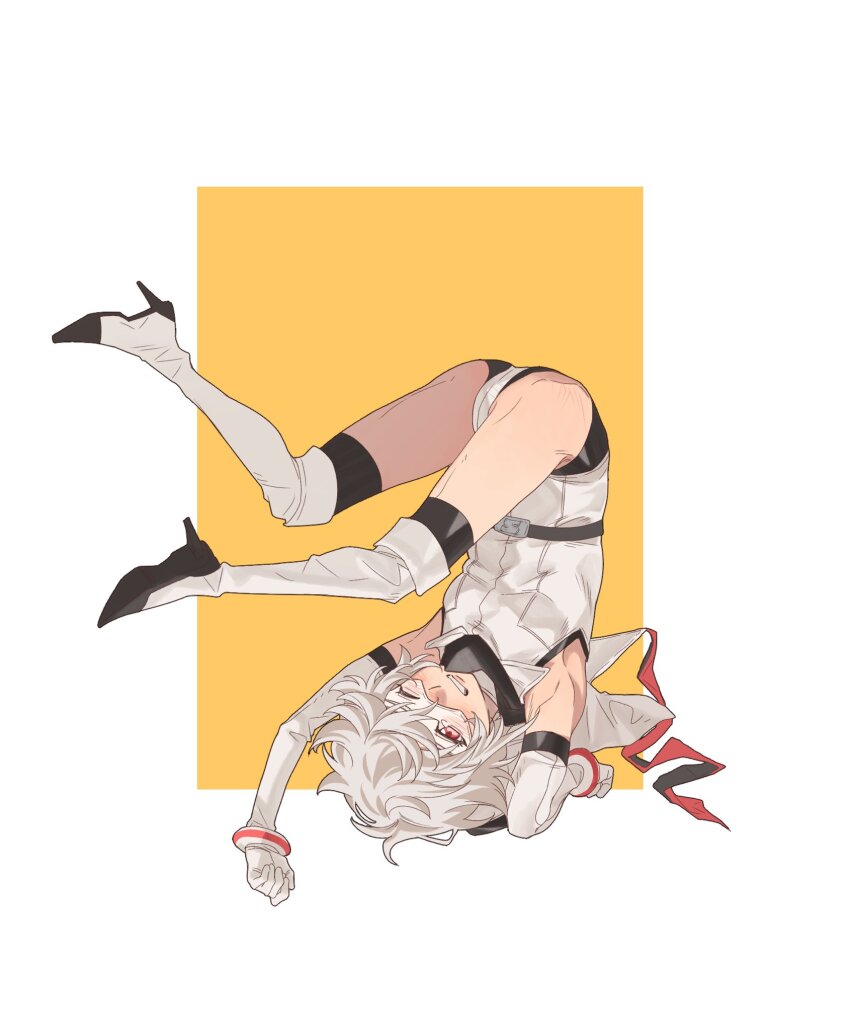 1girl, ass, belt, black_thighhighs, boots, clenched_teeth, elbow_gloves, gloves