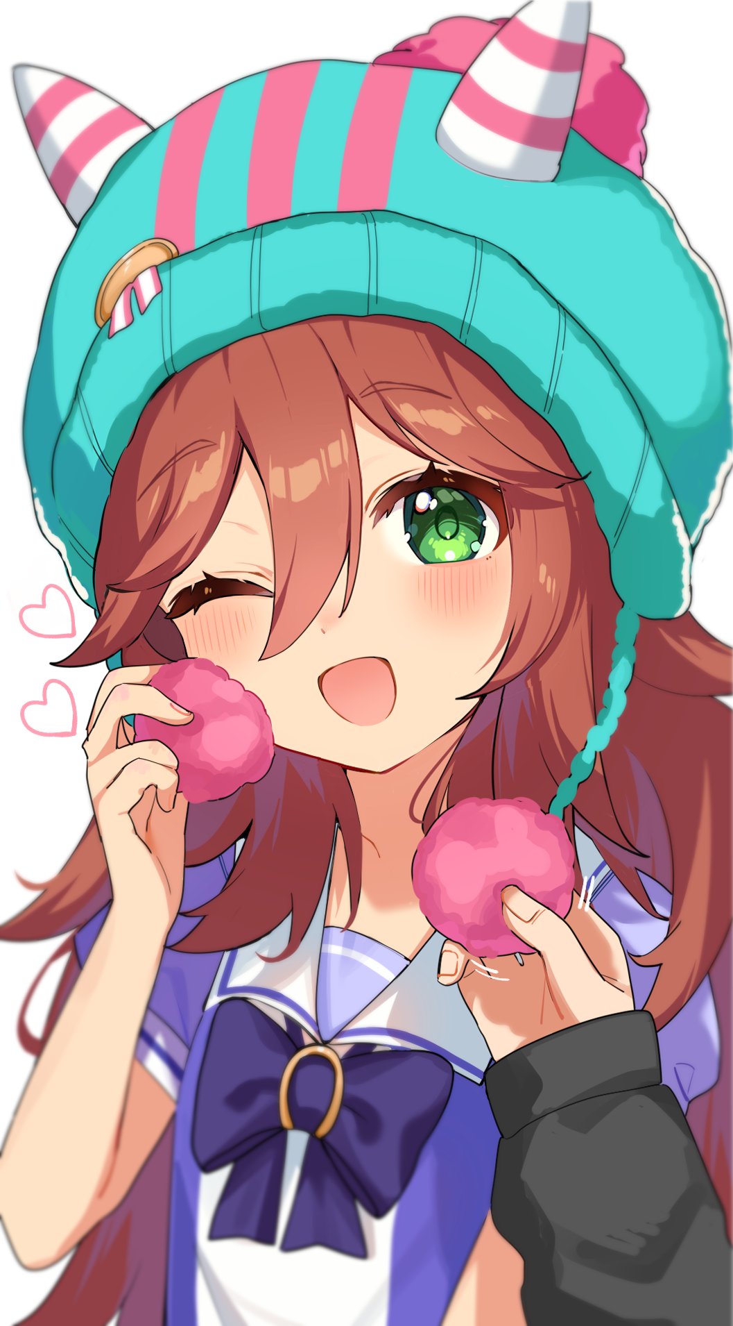 animal_ears, beanie, blush, breasts, brown_hair, commentary_request, hair_between_eyes, hair_ornament