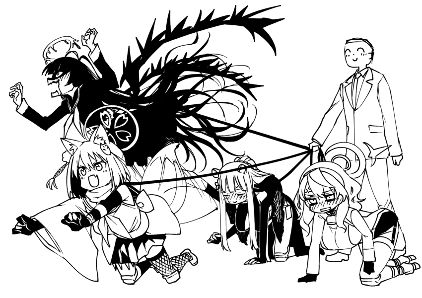 1boy, 4girls, ako_(blue_archive), all_fours, anger_vein, animal_ear_fluff, animal_ears, bell