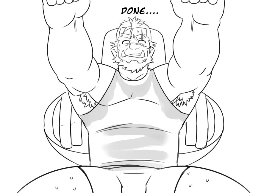 1boy, absurdres, armpit_hair, armpit_hair_peek, bara, beard, bench_press, bulge