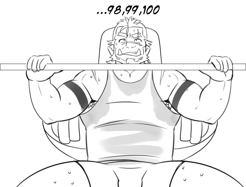 1boy, absurdres, armpit_hair, armpit_hair_peek, bara, barbell, beard, bench_press