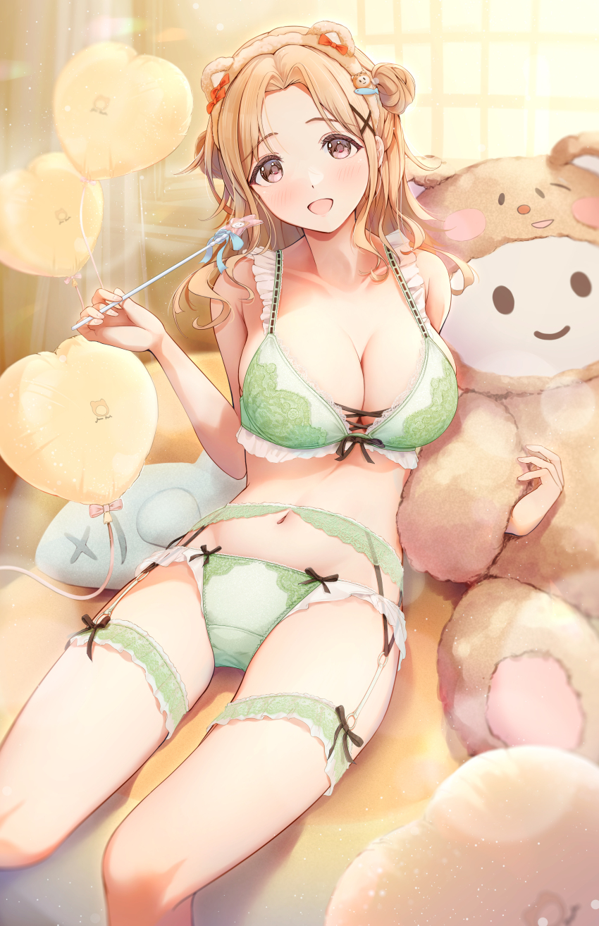 1girl, absurdres, animal_ear_headwear, animal_ears, balloon, blush, bra, breasts, brown_hairband, cleavage, collarbone, double_bun, embroidered_bra, embroidered_panties, fake_animal_ears, feet_out_of_frame, fujinomiya_rio, fur_hairband, garter_belt, green_bra, green_garter_belt, green_panties, hair_bun, hairband, heart_balloon, highres, ichikawa_hinana, idolmaster, idolmaster_shiny_colors, large_breasts, light_brown_hair, lingerie, looking_at_viewer, matching_underwear, navel, panties, parted_bangs, sitting, smile, solo, stomach, stuffed_toy, underwear, underwear_only