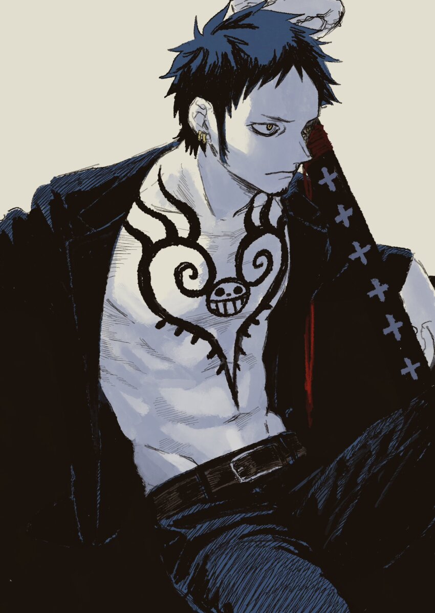 53_(kanimisomrmr), belt, black_coat, black_hair, black_pants, chest_tattoo, coat, earrings