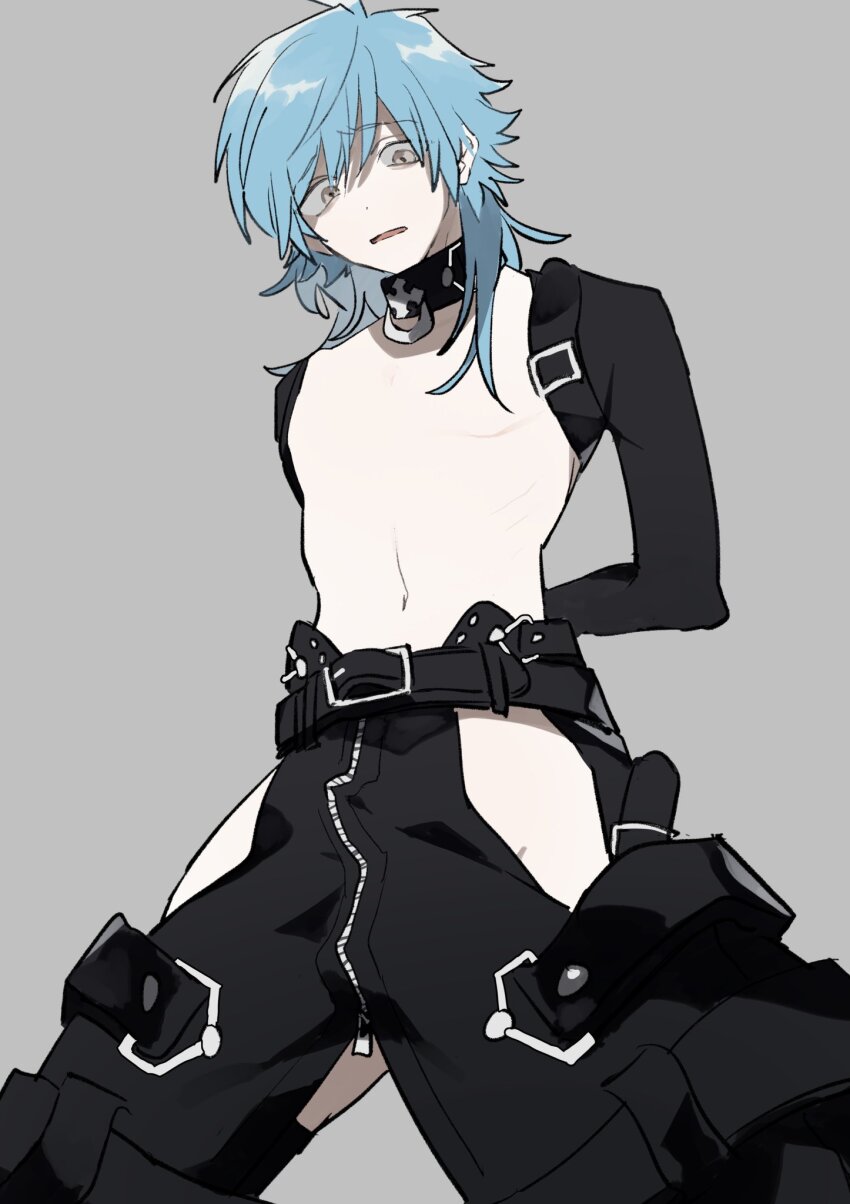 1boy, arms_behind_back, belt, black_collar, black_pants, blue_hair, clothing_cutout, collar, detached_sleeves, dramatical_murder, grey_background, grey_eyes, highres, ikaremanju, kneeling, long_hair, long_sleeves, looking_at_viewer, looking_down, male_focus, navel, no_nipples, open_mouth, pants, parted_bangs, seragaki_aoba, solo, thigh_cutout, topless_male, zipper
