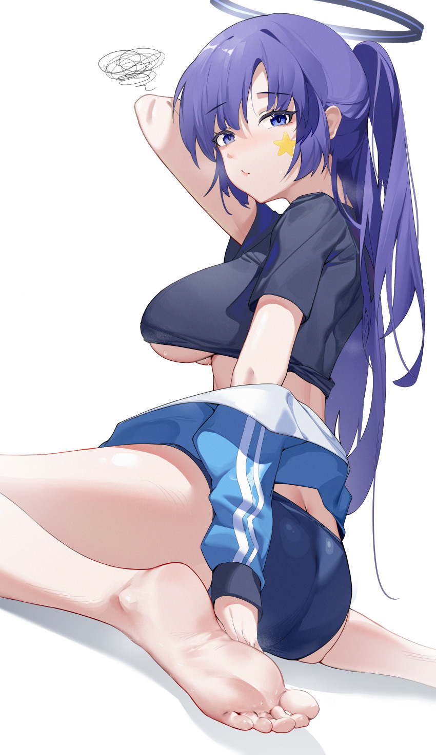 1girl, absurdres, ass, barefoot, black_shirt, blue_archive, blue_buruma, blue_jacket
