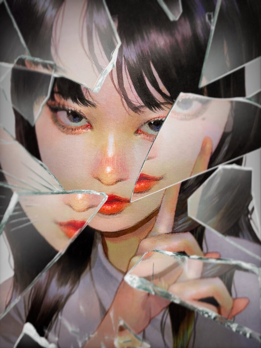 1girl, app_filter, black_eyes, black_hair, blush, chom1015, closed_mouth, collared_shirt