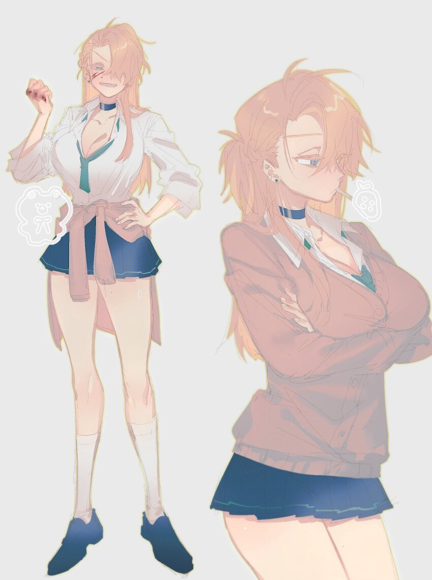 1girl, black_choker, blonde_hair, breasts, choker, chromatic_aberration, cleavage, cowboy_shot