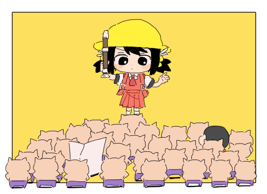 1boy, 1girl, arm_up, ascot, backpack, bag, black_eyes, black_hair, blush_stickers, border, buta_thunder_(vocaloid), buzz_cut, cameo, closed_mouth, commentary_request, conductor, crayon_shin-chan, crossover, crowd, cs_voca, dot_mouth, dress, facing_another, facing_away, flute, hair_bobbles, hair_ornament, hand_up, hat, holding, holding_flute, holding_instrument, instrument, kaai_yuki, looking_at_animal, low_twintails, newspaper, nohara_shinnosuke, odd_one_out, outside_border, pinafore_dress, pleated_dress, puffy_short_sleeves, puffy_sleeves, recorder, red_ascot, red_dress, school_hat, shirt, short_hair, short_sleeves, short_twintails, shoulder_strap, simple_background, sleeveless, sleeveless_dress, standing, twintails, v-shaped_eyebrows, very_short_hair, vocaloid, white_border, white_shirt, yellow_background