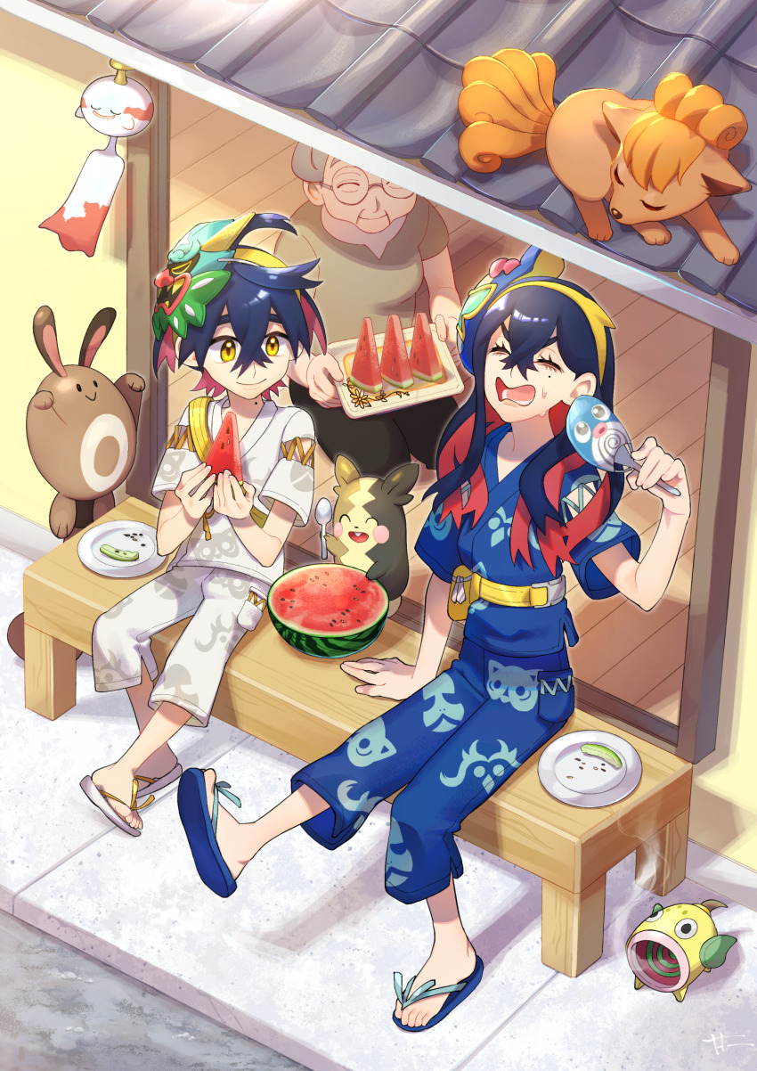 1boy, 2girls, arm_support, bench, black_hair, blue_pants, blue_shirt, brother_and_sister