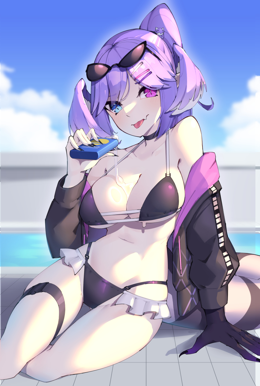 1girl, absurdres, applying_sunscreen, asymmetrical_arms, bikini, black_sweater, blue_eyes, breasts, cleavage, dragon_girl, dragon_tail, eyewear_on_head, fang, goat_king, hair_ornament, hairclip, head_wings, heterochromia, highres, large_breasts, looking_at_viewer, medium_hair, nijisanji, nijisanji_en, open_clothes, outdoors, pointy_ears, ponytail, poolside, purple_eyes, purple_hair, selen_tatsuki, selen_tatsuki_(1st_costume), skin_fang, solo, sunglasses, sweater, swimsuit, tail, tongue, tongue_out, virtual_youtuber, wings