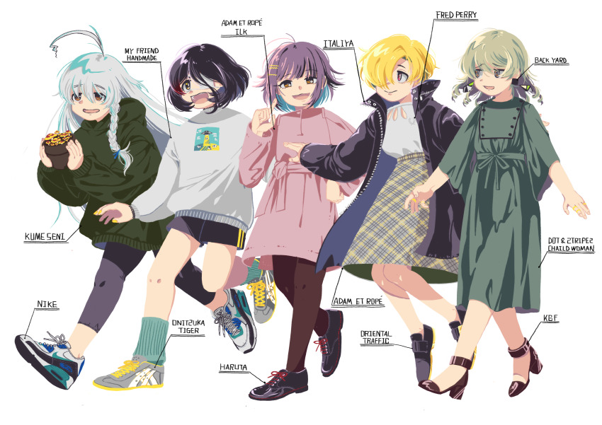 5girls, @_@, absurdres, alternate_costume, asymmetrical_bangs, black_pantyhose, black_shorts, blonde_hair