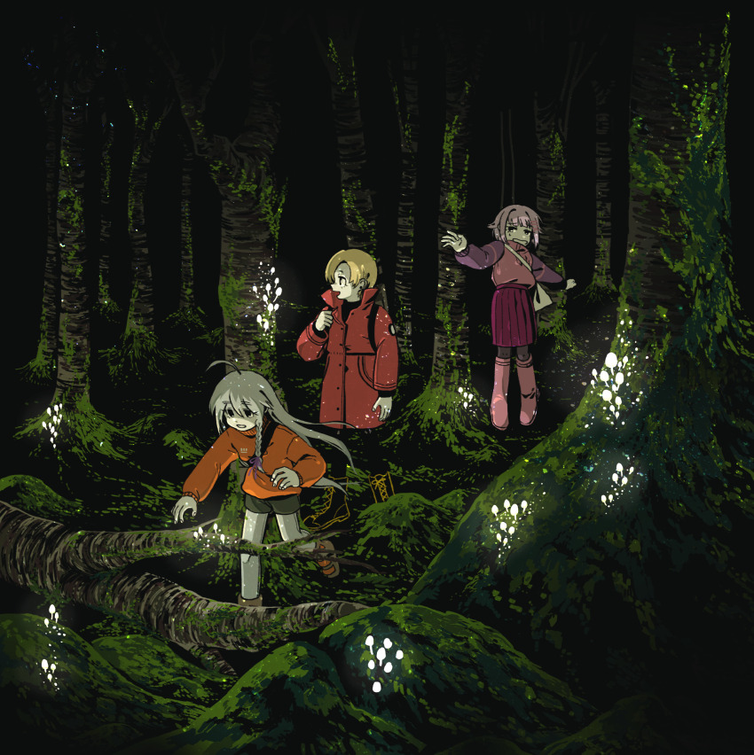 3girls, ahoge, alternate_costume, black_footwear, black_pantyhose, blonde_hair, boots, braid, foreshortening, full_body, glowing_mushroom, grey_hair, highres, hoshi_syoko, idolmaster, idolmaster_cinderella_girls, kanauo_(tansui_kanauo), kawaii_boku_to_142's_(idolmaster), knee_boots, koshimizu_sachiko, long_sleeves, looking_at_another, moss, multiple_girls, outdoors, pantyhose, pleated_skirt, purple_hair, red_skirt, shirasaka_koume, single_braid, skirt, sweatdrop, tree, walking