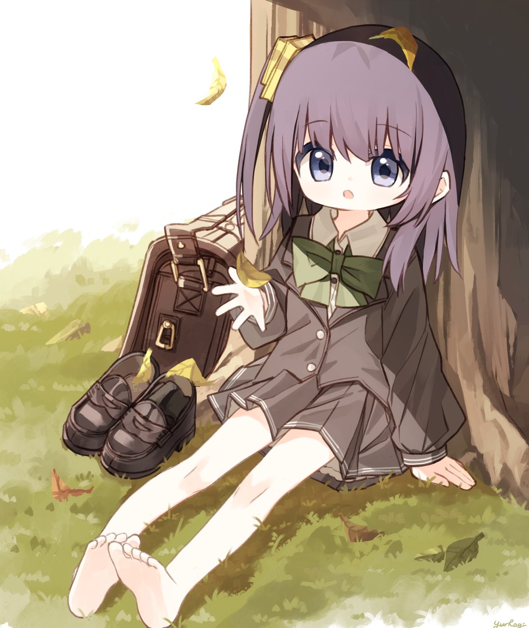 1girl, :o, autumn_leaves, barefoot, beret, black_hat, black_jacket, black_shoes, black_skirt, black_socks, blue_eyes, bow, briefcase, collared_shirt, commentary_request, dress_shirt, grass, green_bow, hand_up, hat, highres, jacket, leaf, loafers, long_sleeves, on_ground, one_side_up, original, parted_lips, pleated_skirt, puffy_long_sleeves, puffy_sleeves, purple_hair, school_briefcase, school_uniform, shiho_(yuuhagi_(amaretto-no-natsu)), shirt, shoes, sitting, skirt, socks, soles, solo, unworn_shoes, unworn_socks, white_shirt, yuuhagi_(amaretto-no-natsu)