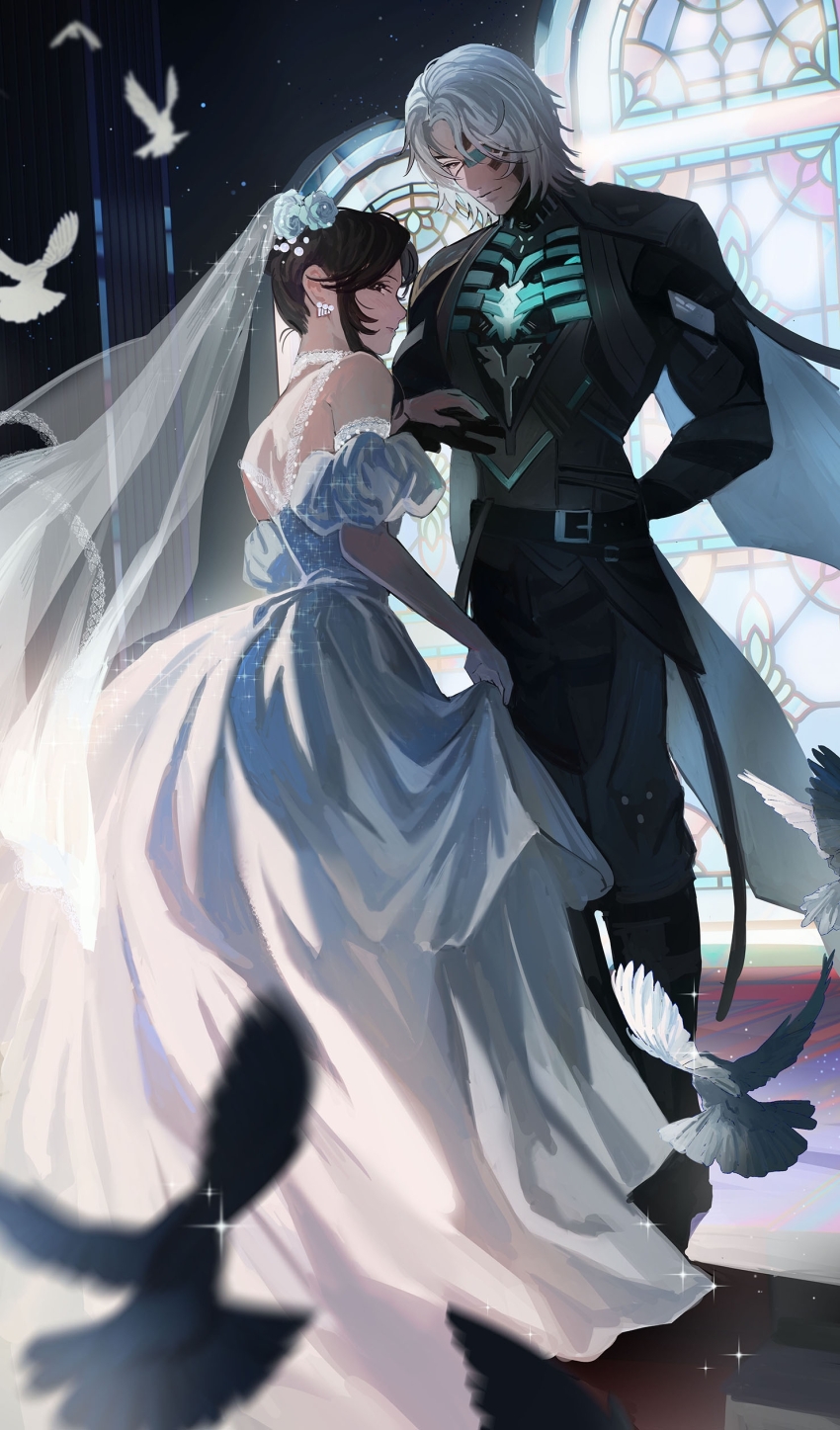 1boy, 1girl, absurdres, arm_behind_back, bare_shoulders, belt, bird, black_cape, black_eyes, black_hair, black_pants, blush, bridal_veil, cape, chinese_commentary, clothes_lift, commandant_(pgr), commentary, cyborg, dove, dress, earrings, eyepatch, flower, full_body, hair_flower, hair_ornament, hair_over_one_eye, hejiu, highres, holding_hands, jewelry, light_particles, looking_at_another, looking_at_viewer, looking_back, mechabare, one_eye_covered, pants, parted_hair, pearl_earrings, profile, puffy_sleeves, punishing:_gray_raven, short_hair, skirt, skirt_lift, sparkle, stained_glass, tailcoat, updo, veil, vest, watanabe:_epitaph_(pgr), watanabe_(pgr), wedding, wedding_dress, white_dress, white_hair