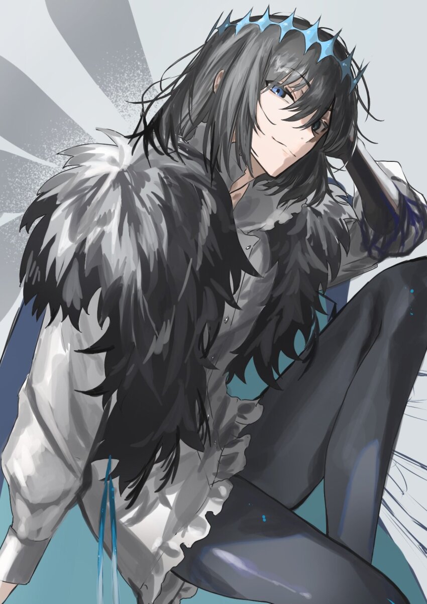 1boy, black_hair, blue_eyes, closed_mouth, fate/grand_order, fate_(series), grey_background, hair_between_eyes