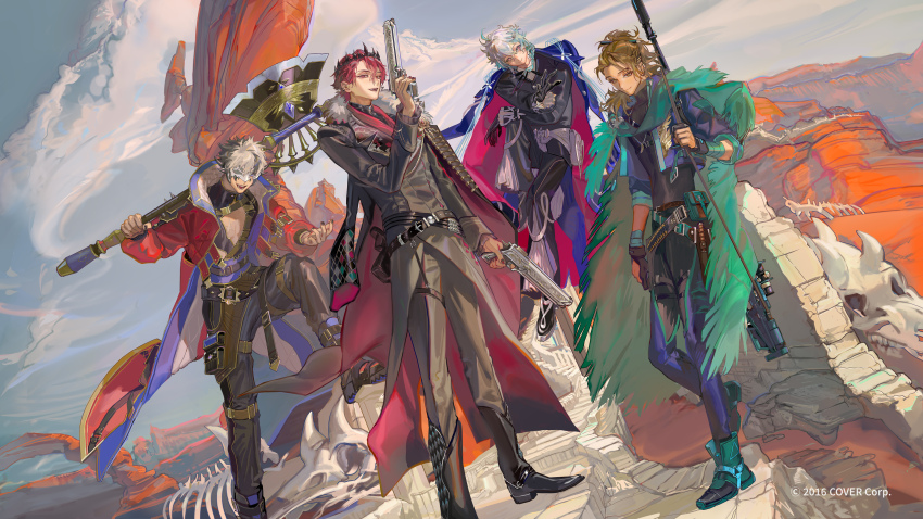 4boys, absurdres, animal_skeleton, axe, belt, black_gloves, black_hair, black_pants, blue_hair, boots, brown_hair, cape, cleavage_cutout, clothing_cutout, cloud, cloudy_sky, coat, coat_on_shoulders, commentary, copyright_name, crimzon_ruze, crossed_arms, desert, dual_wielding, earrings, english_commentary, eye_mask, full_body, fur-trimmed_coat, fur_trim, garter_straps, gloves, goldbullet, green_cape, grey_hair, gun, highres, holding, holding_axe, holding_gun, holding_weapon, holoarmis, holostars, holostars_english, holster, huge_weapon, jacket, jacket_on_shoulders, jewelry, jurard_t_rexford, long_coat, long_hair, looking_at_viewer, male_focus, mask, multicolored_hair, multiple_belts, multiple_boys, octavio, official_art, one_eye_covered, open_clothes, open_coat, over_shoulder, pants, pectorals, pink_eyes, ponytail, purple_eyes, red_eyes, red_hair, rifle, short_hair, sky, smile, standing, taro-k, thigh_holster, thigh_strap, torn_cape, torn_clothes, two-tone_hair, virtual_youtuber, weapon, weapon_over_shoulder, white_hair, yellow_eyes
