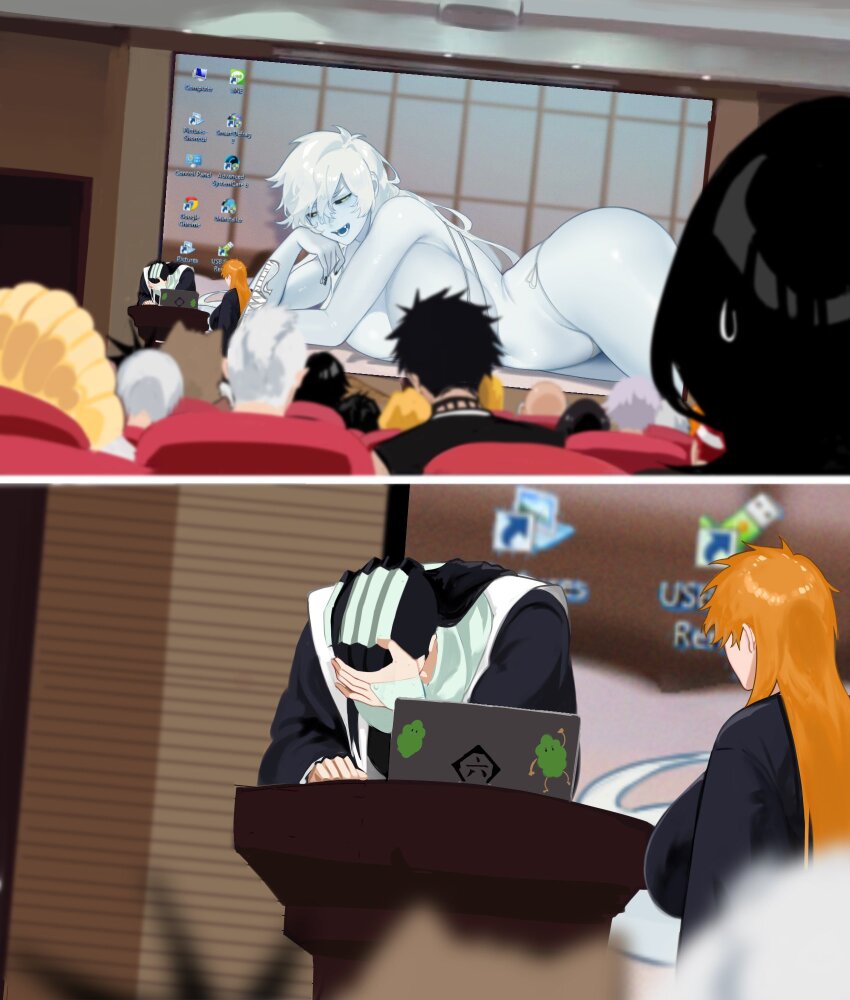 accident, black_hair, bleach, blonde_hair, breasts, character_request, computer, facepalm
