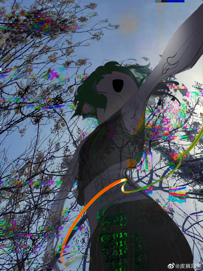 1girl, absurdres, binary, bone, chinese_commentary, commentary_request, cowboy_shot, crop_top