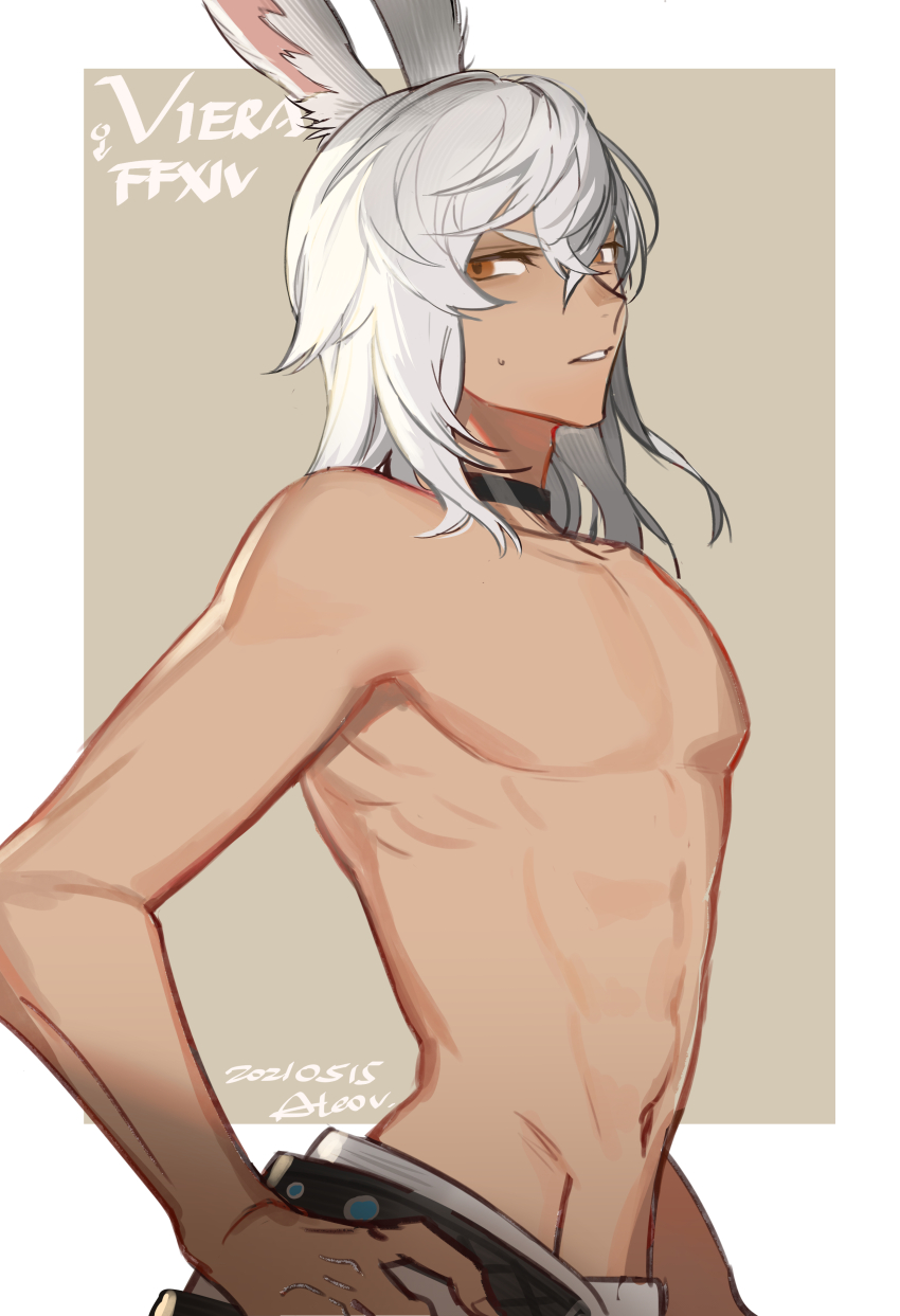 1boy, abs, absurdres, aleo, animal_ears, black_choker, border, brown_background, chinese_commentary, choker, commentary, copyright_name, crossed_bangs, dated, final_fantasy, final_fantasy_xiv, from_side, hair_between_eyes, hand_on_own_hip, highres, looking_at_viewer, looking_to_the_side, male_focus, medium_hair, navel, obliques, orange_eyes, outside_border, pectorals, rabbit_boy, rabbit_ears, signature, solo, stomach, sweat, toned, toned_male, topless_male, viera, white_border, white_hair