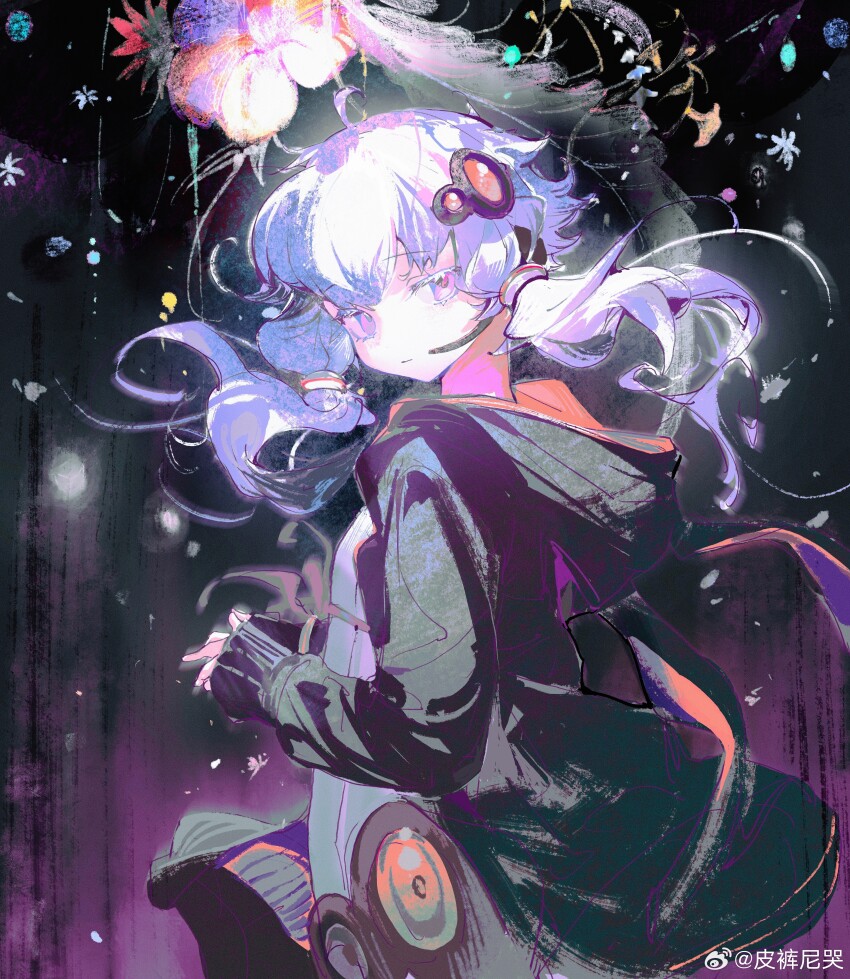 1girl, absurdres, ahoge, animal_hood, black_background, black_hoodie, bracelet, chinese_commentary