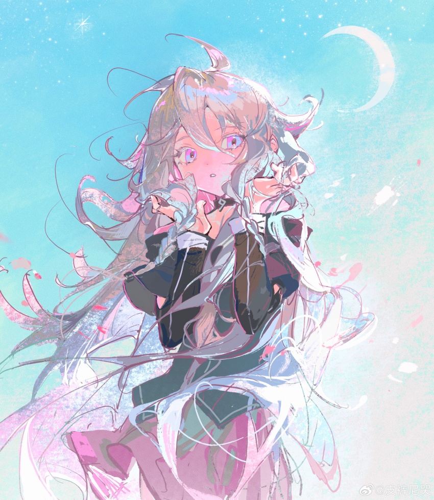 1girl, absurdres, black_choker, black_shirt, blue_eyes, blue_sky, braid, chinese_commentary, choker, commentary_request, cowboy_shot, crescent_moon, expressionless, floating_hair, grey_hair, hands_in_own_hair, hands_up, highres, ia_(vocaloid), la_campanella_(gmfzge), layered_sleeves, long_hair, long_sleeves, looking_at_viewer, messy_hair, moon, moon_in_daylight, multicolored_eyes, multicolored_hair, off-shoulder_shirt, off_shoulder, parted_lips, pink_eyes, pink_hair, pink_skirt, shirt, short_over_long_sleeves, short_sleeves, sidelocks, skirt, sky, solo, sparkle, star_(sky), starry_sky, twin_braids, very_long_hair, vocaloid, watermark, weibo_watermark