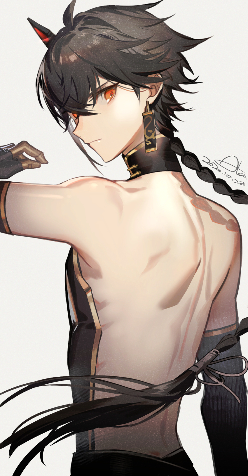 1boy, ahoge, aleo, back, backless_shirt, bare_back, bare_shoulders, black_hair