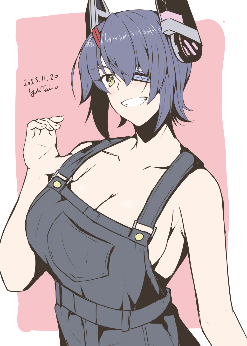 1girl, artist_name, bare_shoulders, border, breasts, cleavage, commentary_request, dared, eyepatch, grin, hair_between_eyes, headgear, highres, kantai_collection, large_breasts, pink_background, purple_hair, sideboob, simple_background, smile, solo, strap_pull, taira_yuuki, tenryuu_(kancolle), upper_body, white_border, yellow_eyes