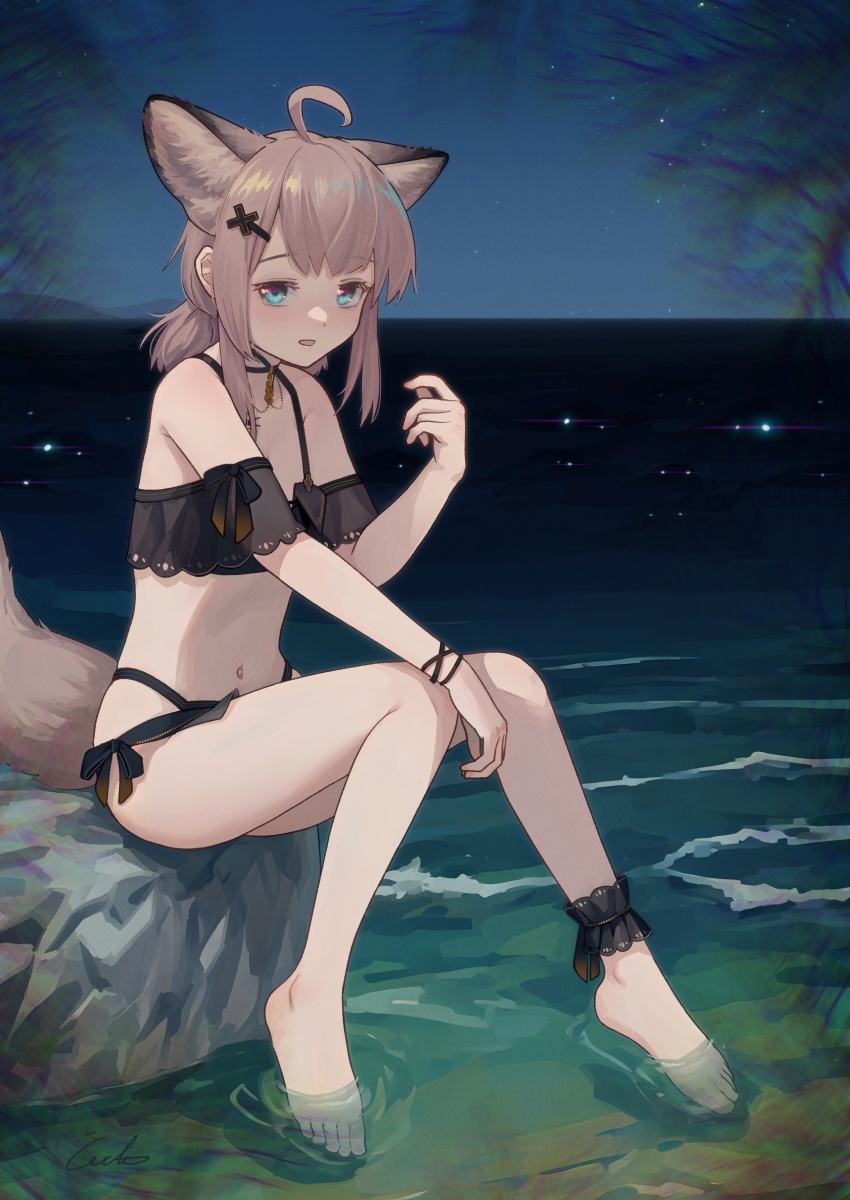 1girl, absurdres, ahoge, animal_ears, ankle_cuffs, arknights, barefoot, bikini