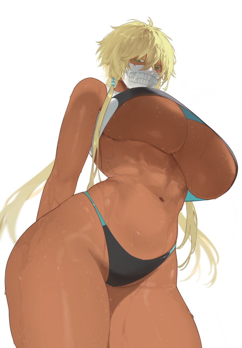 1girl, abs, alternate_costume, arrancar, bikini, bleach, blonde_hair, breasts, cameltoe, colored_eyelashes, cowboy_shot, curvy, dark-skinned_female, dark_skin, female_focus, from_below, green_eyes, highres, huge_breasts, navel, short_hair_with_long_locks, simple_background, solo, swimsuit, thick_thighs, thighs, tier_harribel, toned, underboob, wet, white_background, wide_hips, ze_(k4onozeda04)