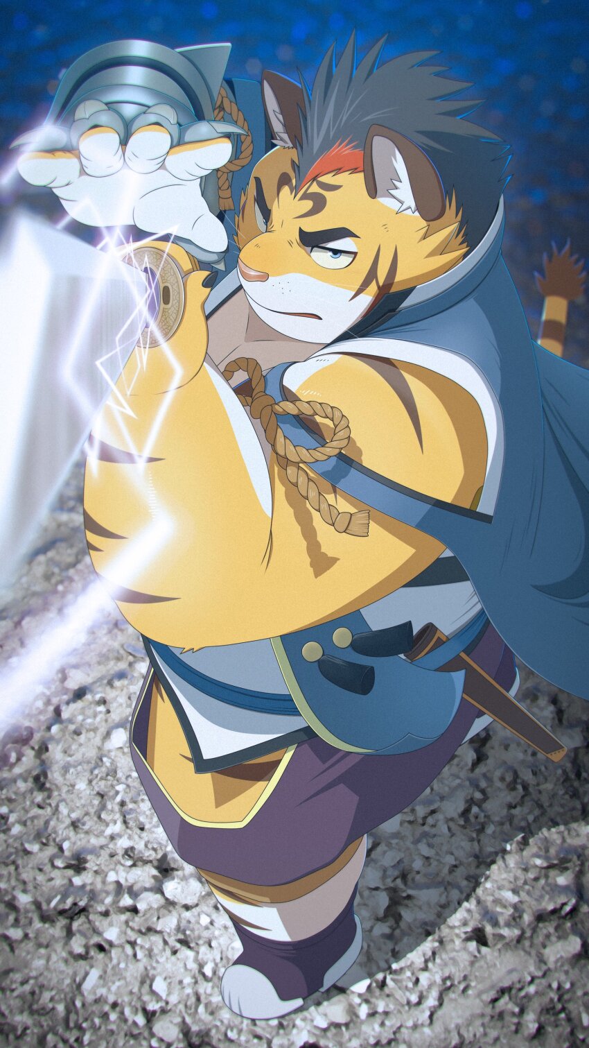 1boy, absurdres, angry, animal_ears, bara, commentary_request, electricity, fat