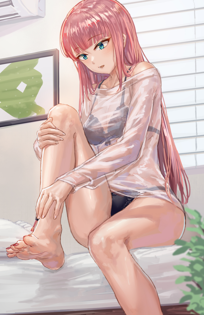 1girl, applying_pedicure, bare_legs, barefoot, black_bra, black_panties, blonde_hair, blue_eyes